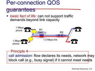 Per-connection QOS
guarantees
 basic fact of life: can not support traffic
demands beyond link capacity
call admission: flow declares its needs, network may
block call (e.g., busy signal) if it cannot meet needs
Principle 4
R1
R2
1.5 Mbps link
1 Mbps
phone
1 Mbps
phone
9-75Multimedia Networking
 