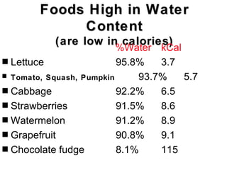 Foods High in Water
               Content
              (are low in calories)
                         %Water kCal
s   Lettuce               95.8%   3.7
s Tomato, Squash, Pumpkin     93.7%   5.7
s Cabbage                 92.2%   6.5
s Strawberries            91.5%   8.6
s Watermelon              91.2%   8.9
s Grapefruit              90.8%   9.1
s Chocolate fudge         8.1%    115
 