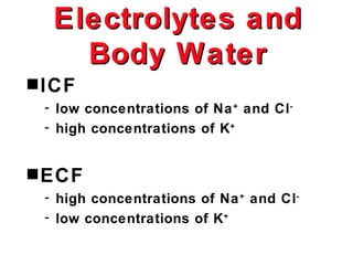 Electrolytes and
    Body Water
s ICF
 - low concentrations of Na + and Cl-
 - high concentrations of K+


s ECF
 - high concentrations of Na + and Cl-
 - low concentrations of K+
 