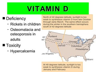 VITAMIN D
s   Deficiency
    - Rickets in children
    - Osteomalacia and
      osteoporosis in
      adults
s   Toxicity
    - Hypercalcemia
 