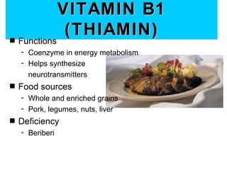 VITAMIN B1
s
               (THIAMIN)
    Functions
    - Coenzyme in energy metabolism
    - Helps synthesize
      neurotransmitters
s   Food sources
    - Whole and enriched grains
    - Pork, legumes, nuts, liver
s   Deficiency
    - Beriberi
 