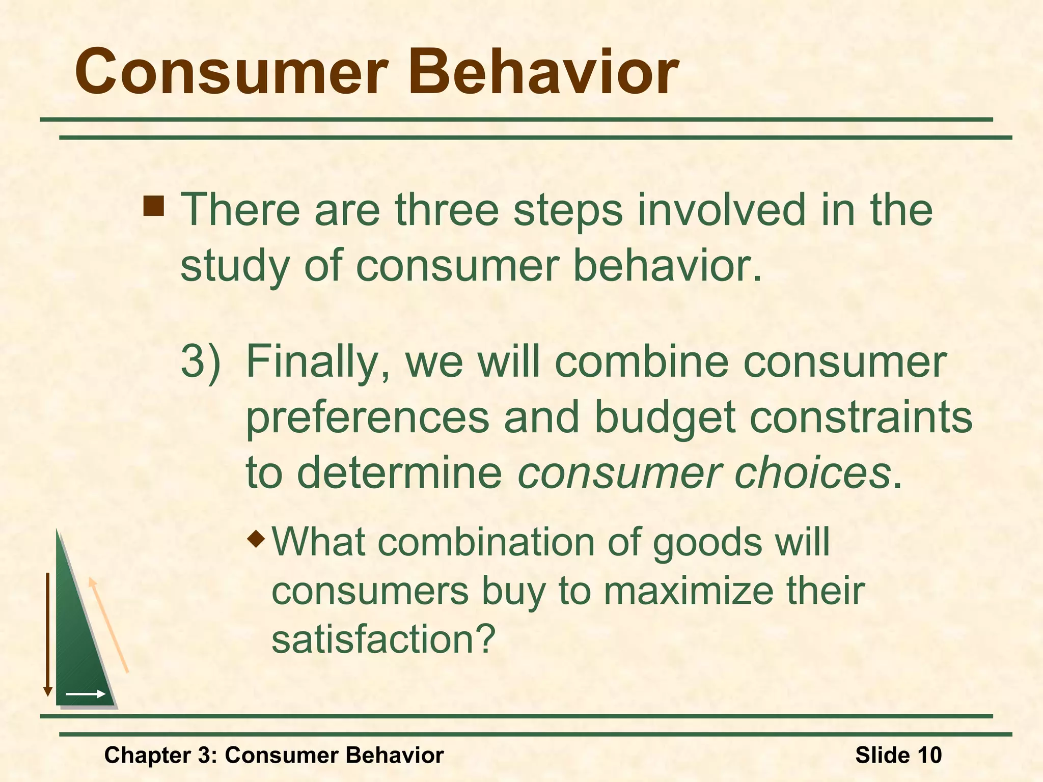 Consumer Behavior There are three steps involved in the study of consumer behavior. 3) Finally, we will combine consumer preferences and budget constraints to determine consumer choices . What combination of goods will consumers buy to maximize their satisfaction?