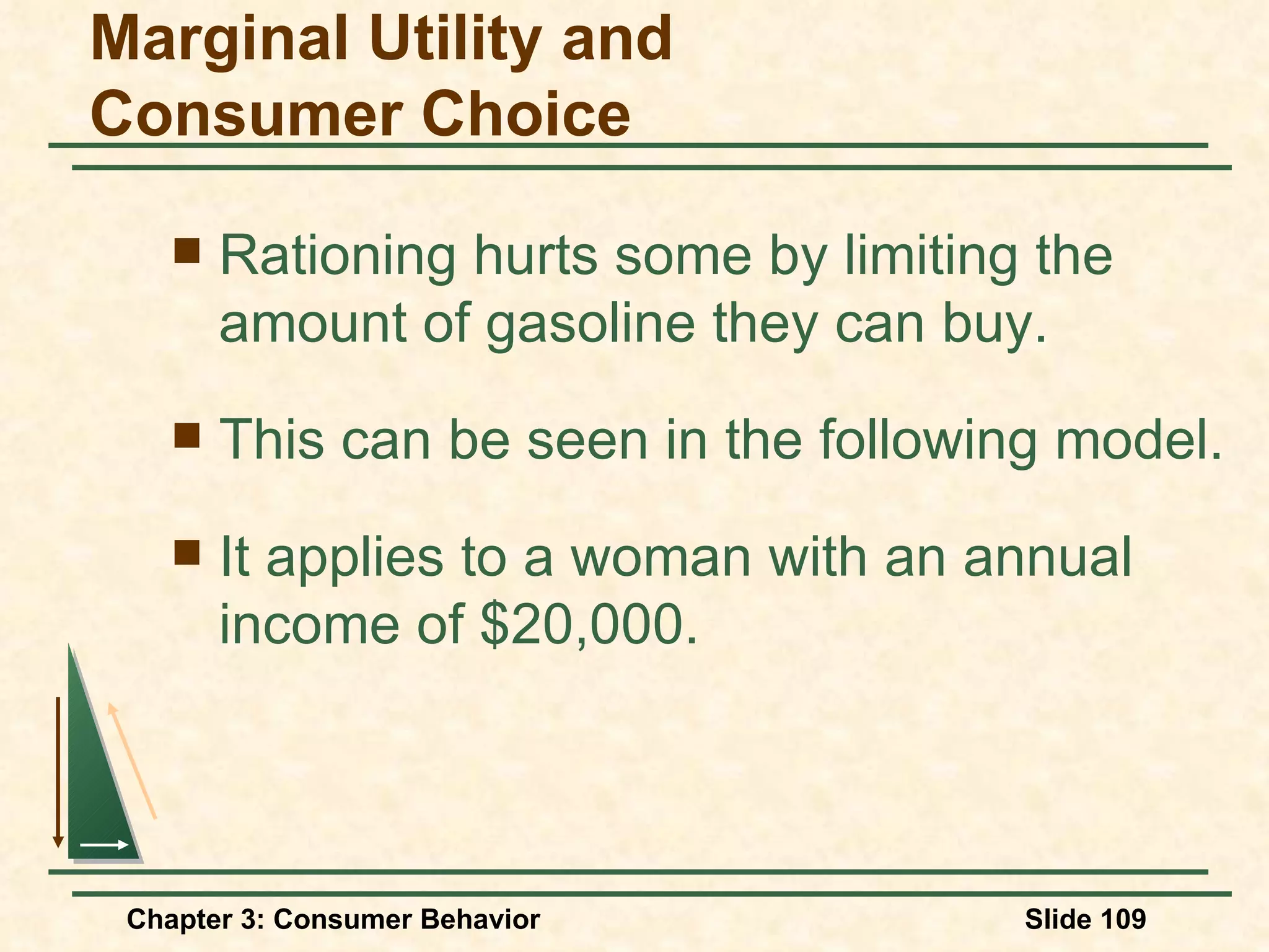 Rationing hurts some by limiting the amount of gasoline they can buy. This can be seen in the following model. It applies to a woman with an annual income of $20,000. Marginal Utility and Consumer Choice