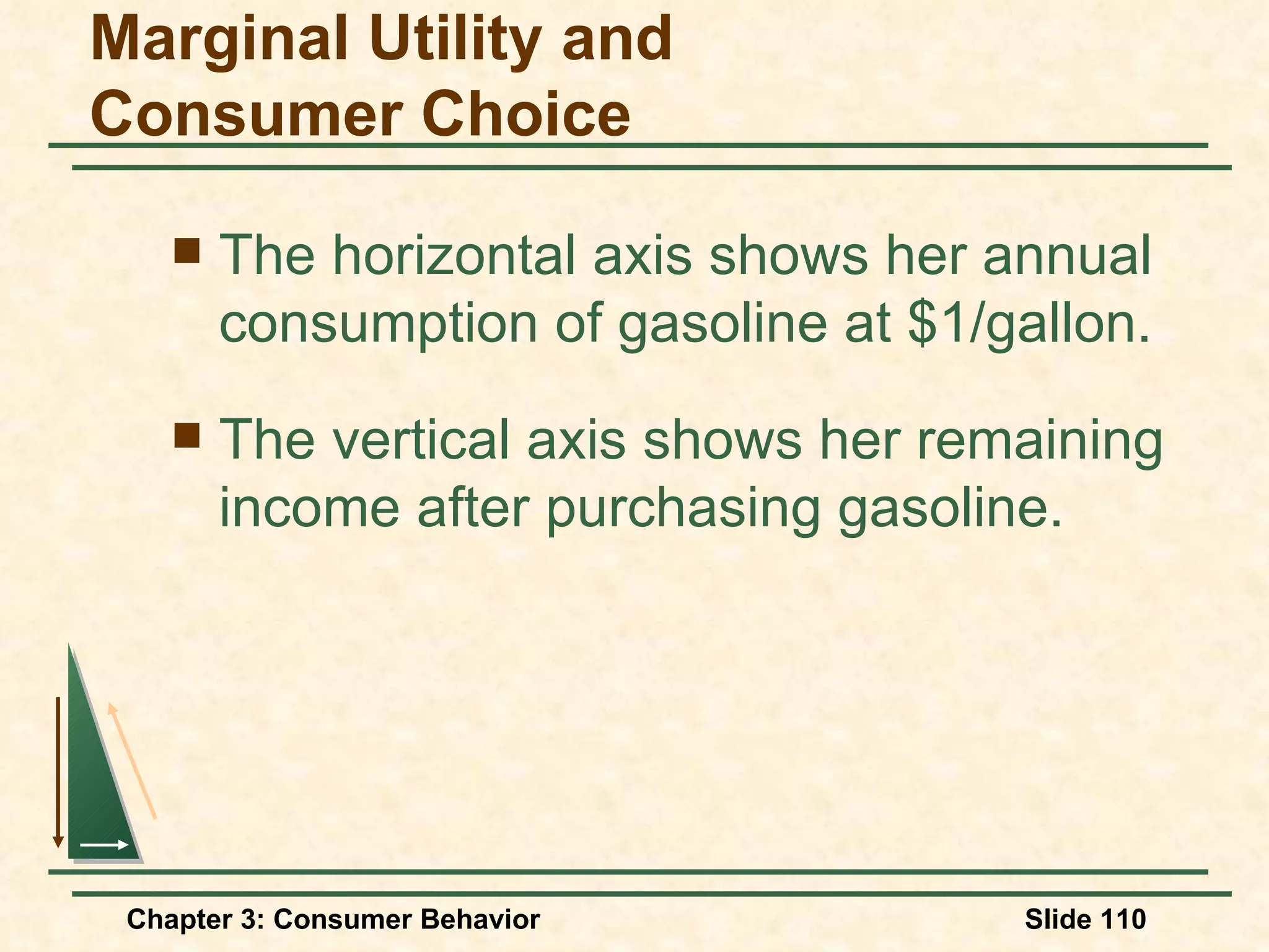 The horizontal axis shows her annual consumption of gasoline at $1/gallon. The vertical axis shows her remaining income after purchasing gasoline. Marginal Utility and Consumer Choice