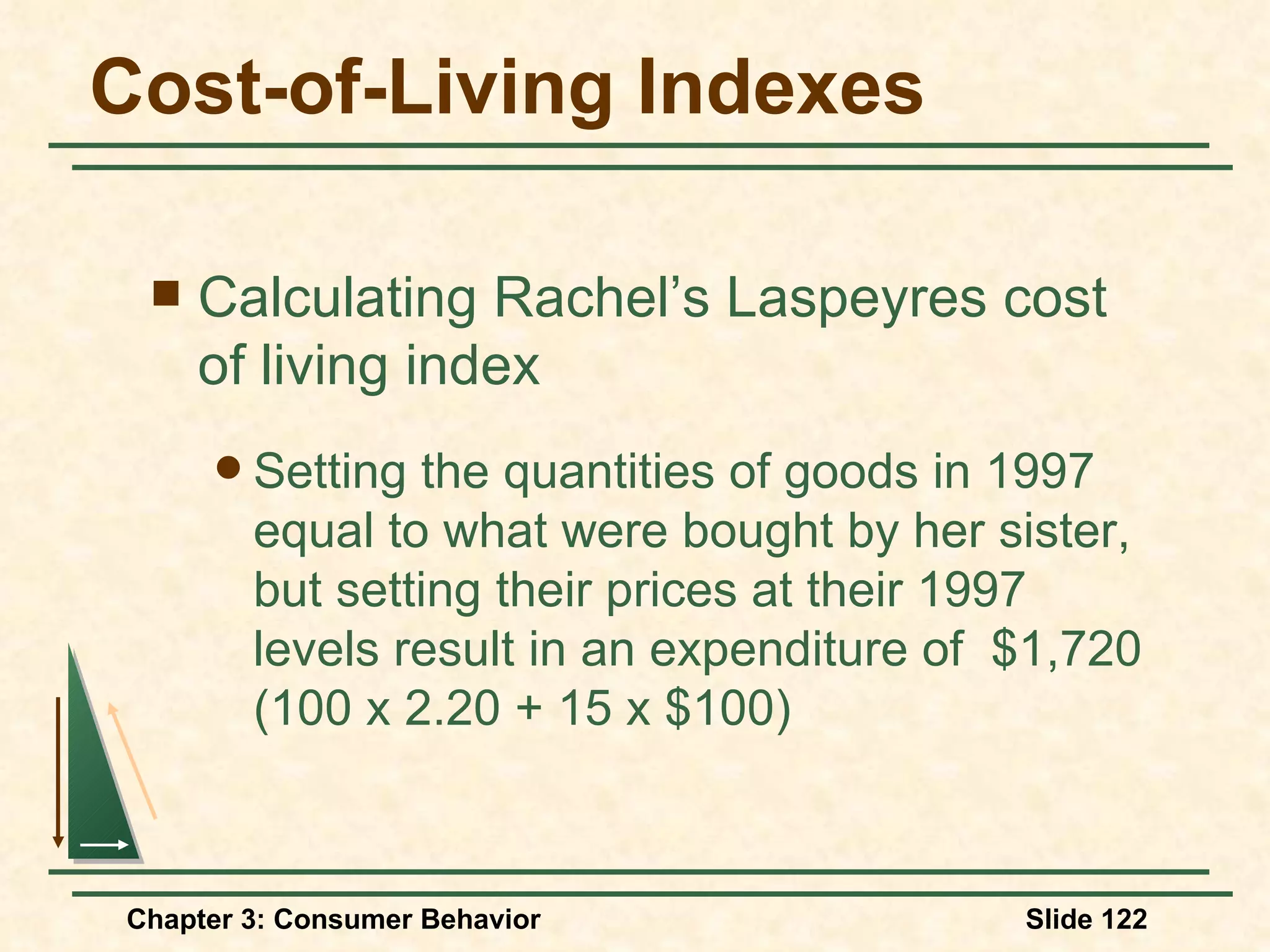 Cost-of-Living Indexes Calculating Rachel’s Laspeyres cost of living index Setting the quantities of goods in 1997 equal to what were bought by her sister, but setting their prices at their 1997 levels result in an expenditure of $1,720 (100 x 2.20 + 15 x $100)