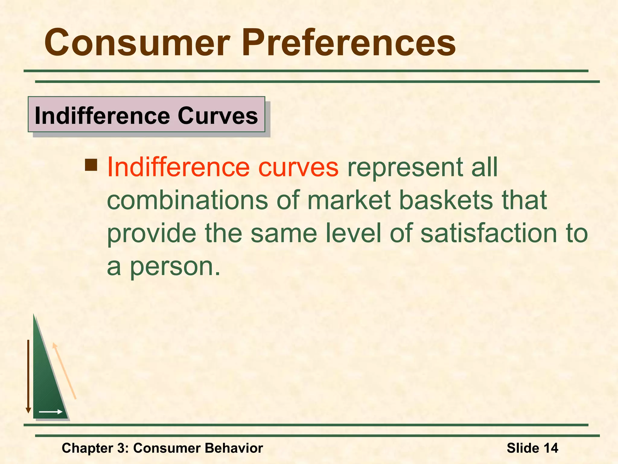 Consumer Preferences Indifference curves represent all combinations of market baskets that provide the same level of satisfaction to a person. Indifference Curves