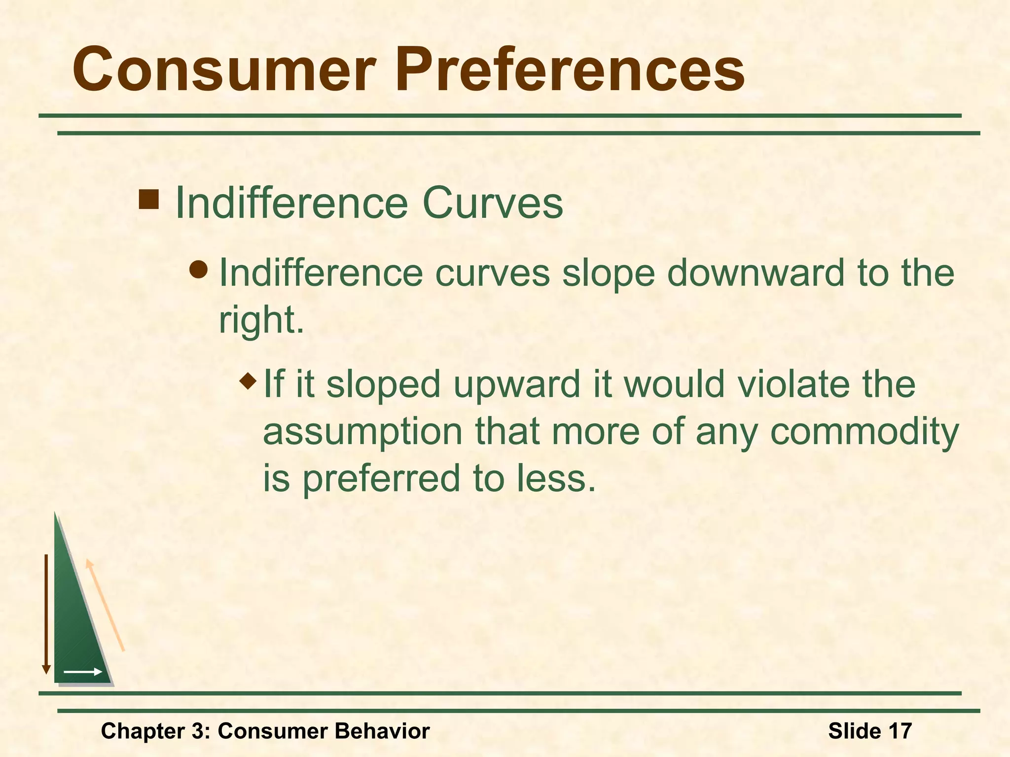 Consumer Preferences Indifference Curves Indifference curves slope downward to the right. If it sloped upward it would violate the assumption that more of any commodity is preferred to less.