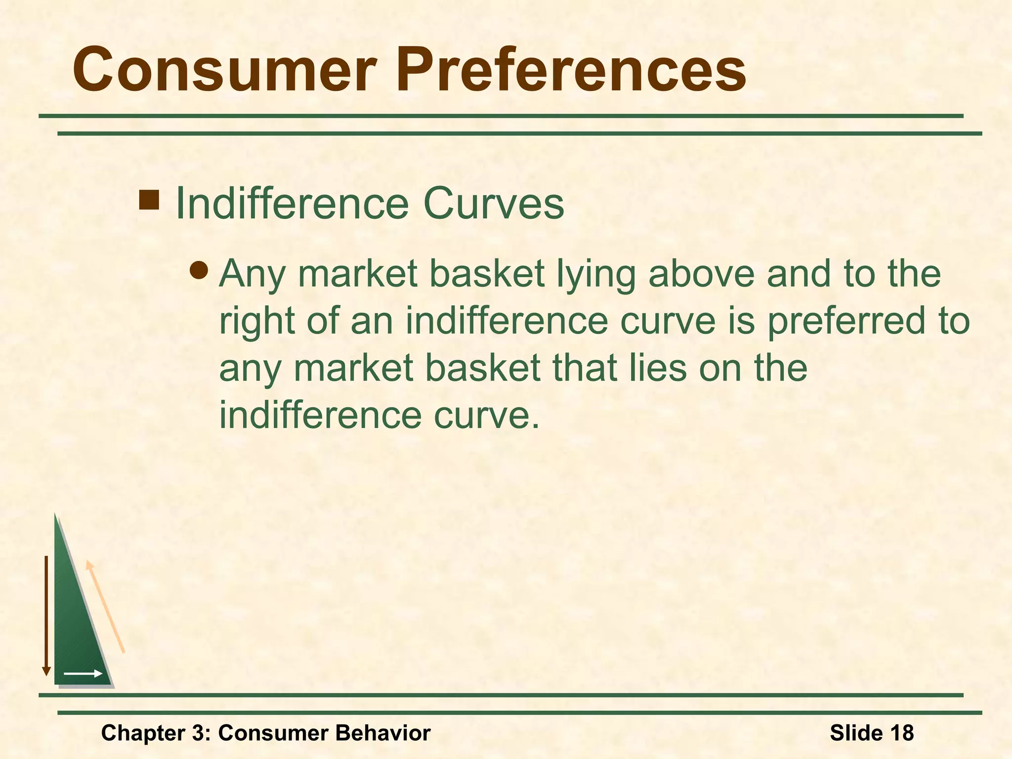 Consumer Preferences Indifference Curves Any market basket lying above and to the right of an indifference curve is preferred to any market basket that lies on the indifference curve.