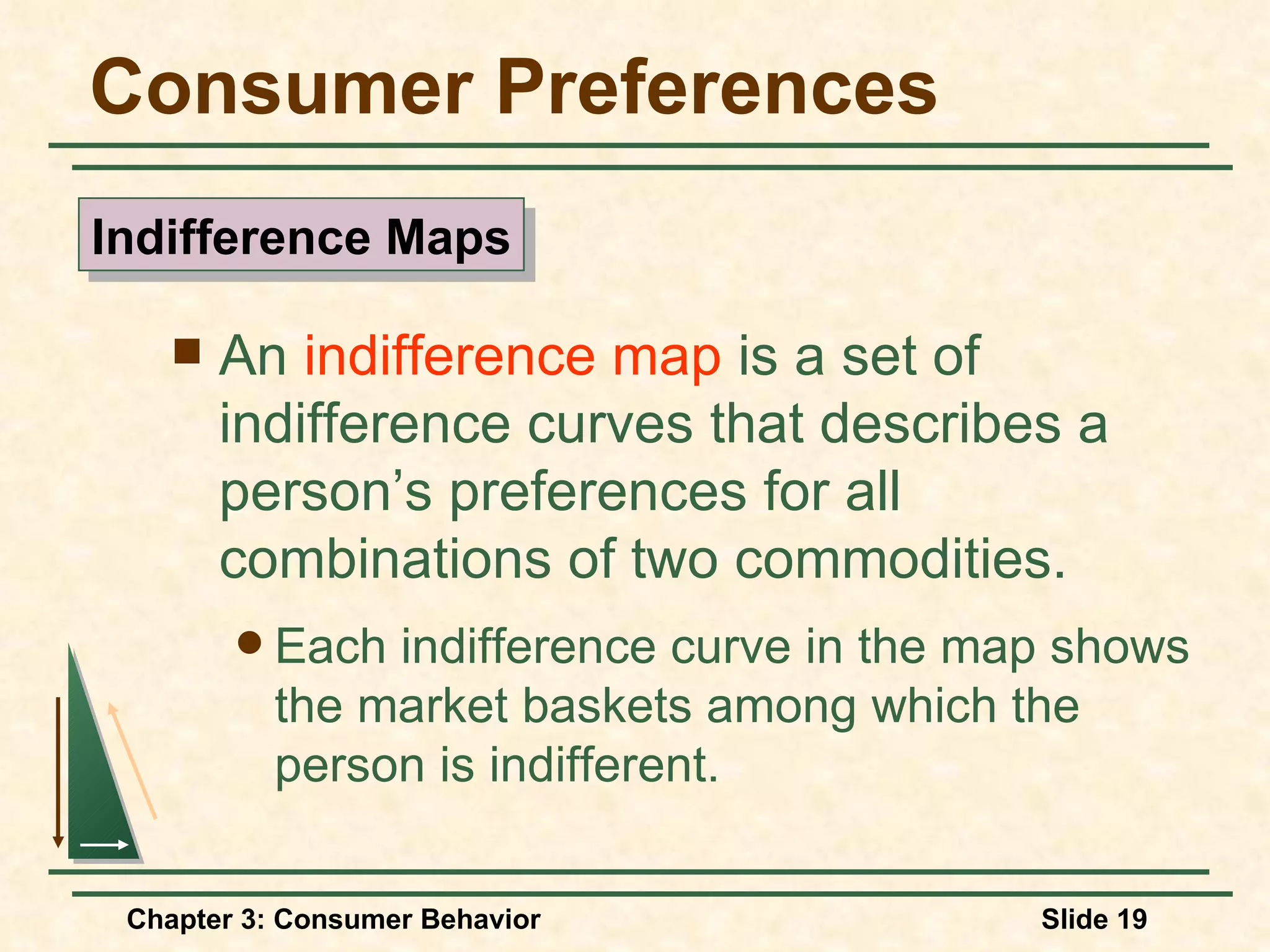 Consumer Preferences An indifference map is a set of indifference curves that describes a person’s preferences for all combinations of two commodities. Each indifference curve in the map shows the market baskets among which the person is indifferent. Indifference Maps