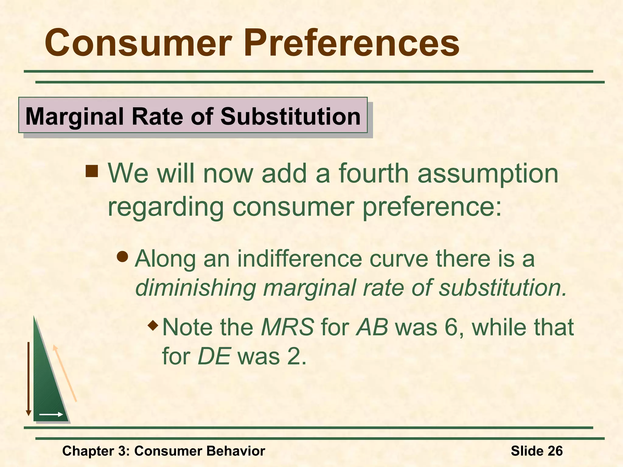 Consumer Preferences We will now add a fourth assumption regarding consumer preference: Along an indifference curve there is a diminishing marginal rate of substitution. Note the MRS for AB was 6, while that for DE was 2. Marginal Rate of Substitution