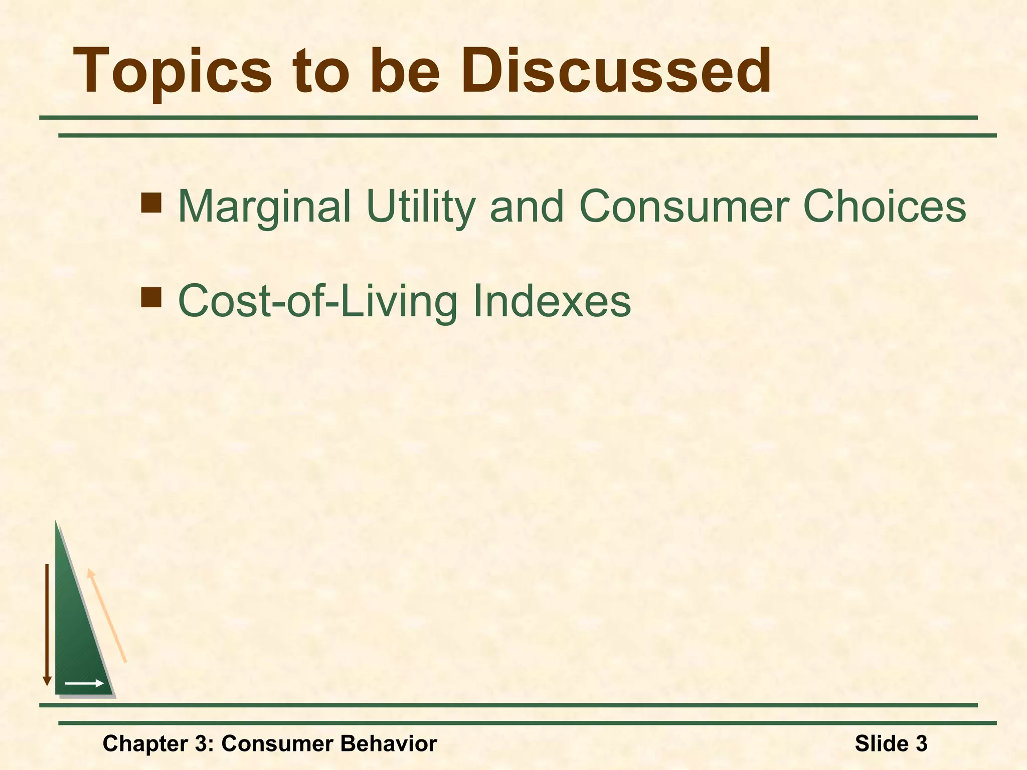 Topics to be Discussed Marginal Utility and Consumer Choices Cost-of-Living Indexes