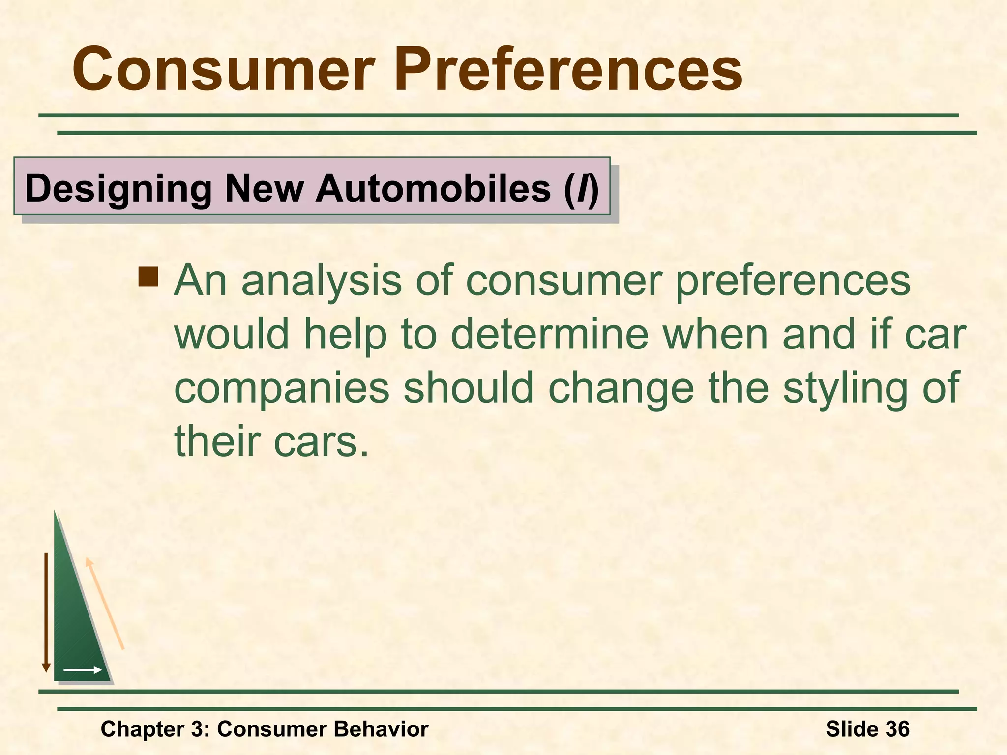 Consumer Preferences An analysis of consumer preferences would help to determine when and if car companies should change the styling of their cars. Designing New Automobiles ( I )