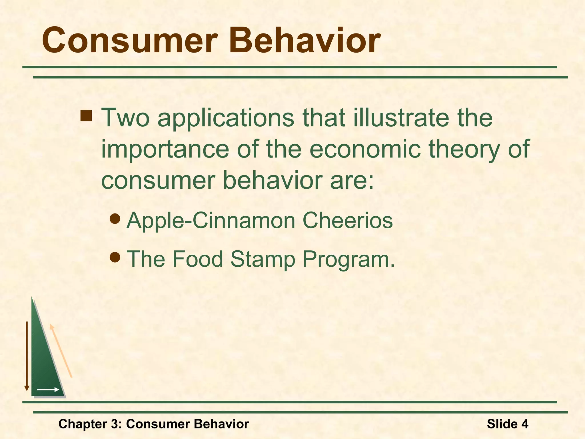 Consumer Behavior Two applications that illustrate the importance of the economic theory of consumer behavior are: Apple-Cinnamon Cheerios The Food Stamp Program.