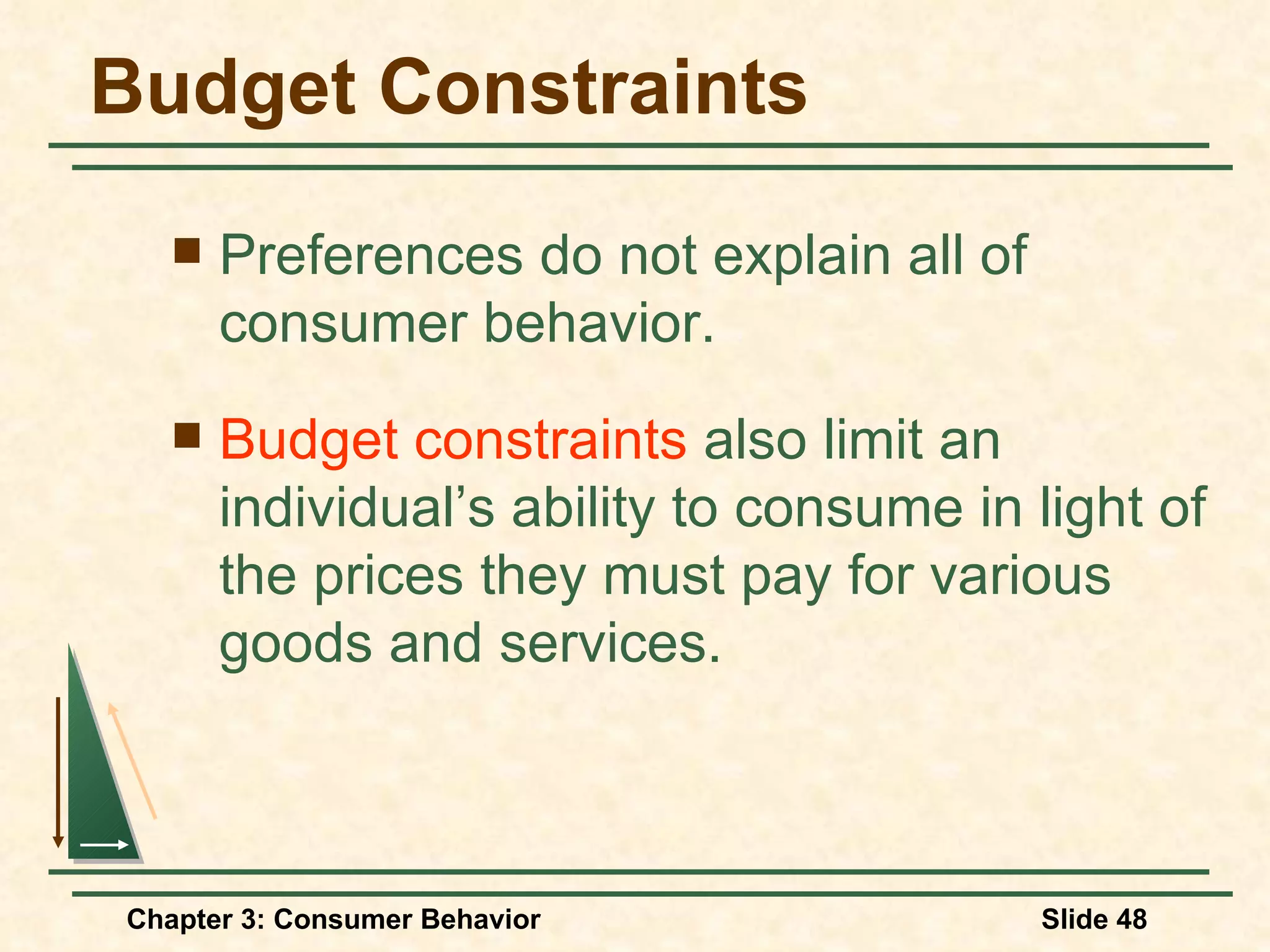 Budget Constraints Preferences do not explain all of consumer behavior. Budget constraints also limit an individual’s ability to consume in light of the prices they must pay for various goods and services.