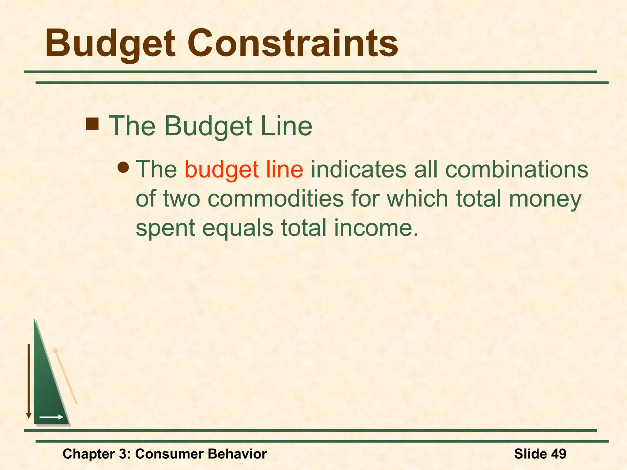 Budget Constraints The Budget Line The budget line indicates all combinations of two commodities for which total money spent equals total income.