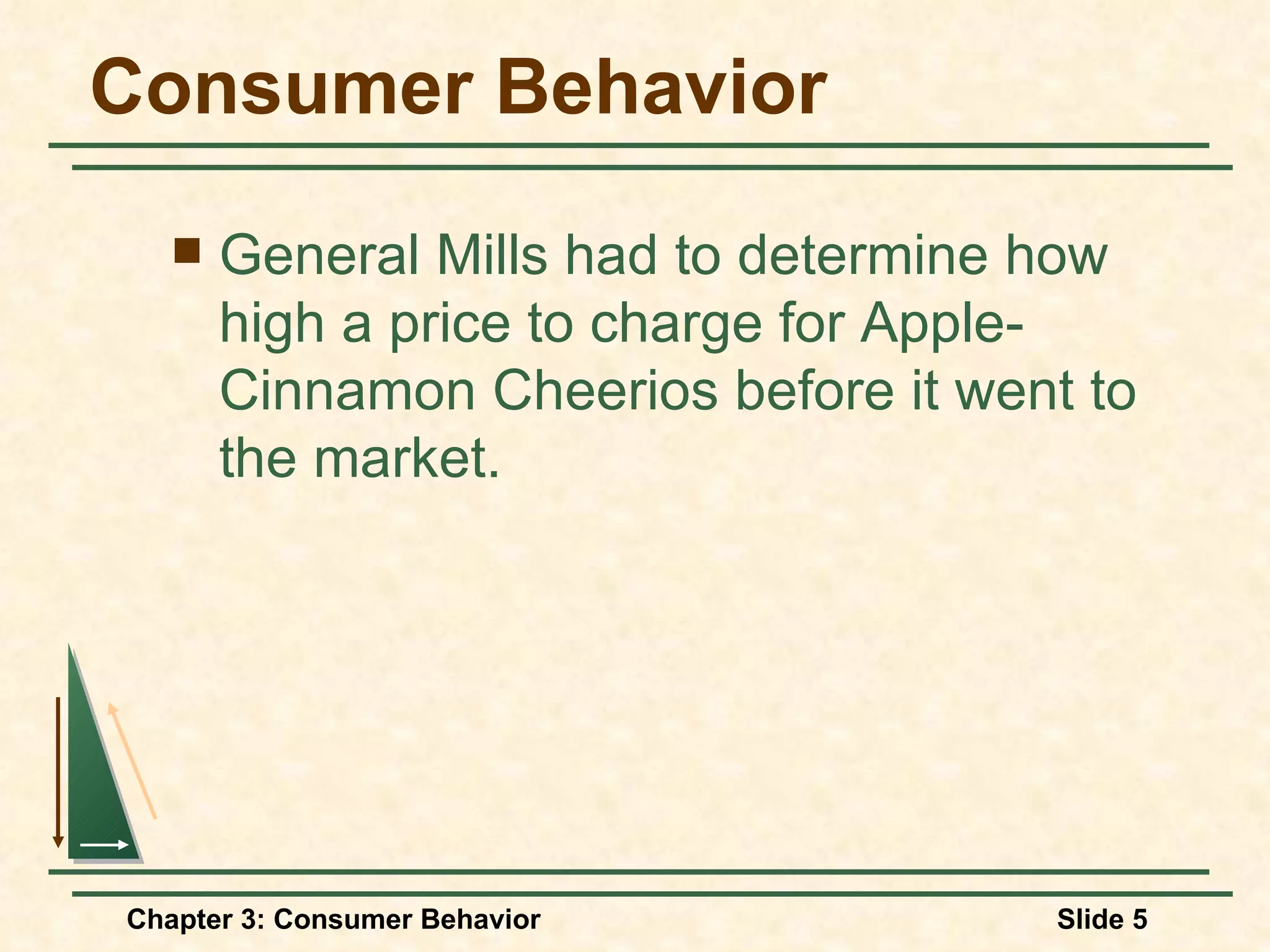 Consumer Behavior General Mills had to determine how high a price to charge for Apple-Cinnamon Cheerios before it went to the market.