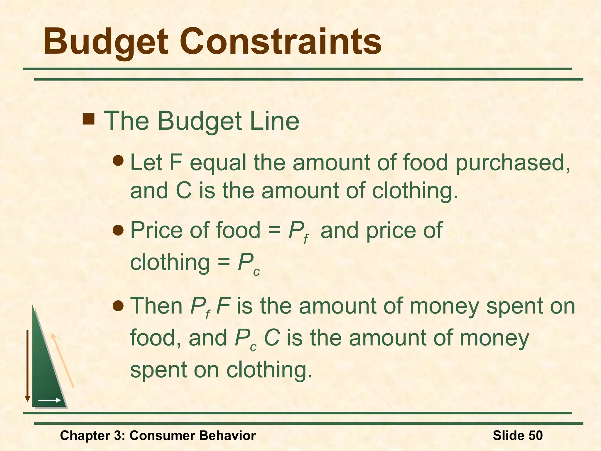 Budget Constraints The Budget Line Let F equal the amount of food purchased, and C is the amount of clothing. Price of food = P f and price of clothing = P c Then P f F is the amount of money spent on food, and P c C is the amount of money spent on clothing.