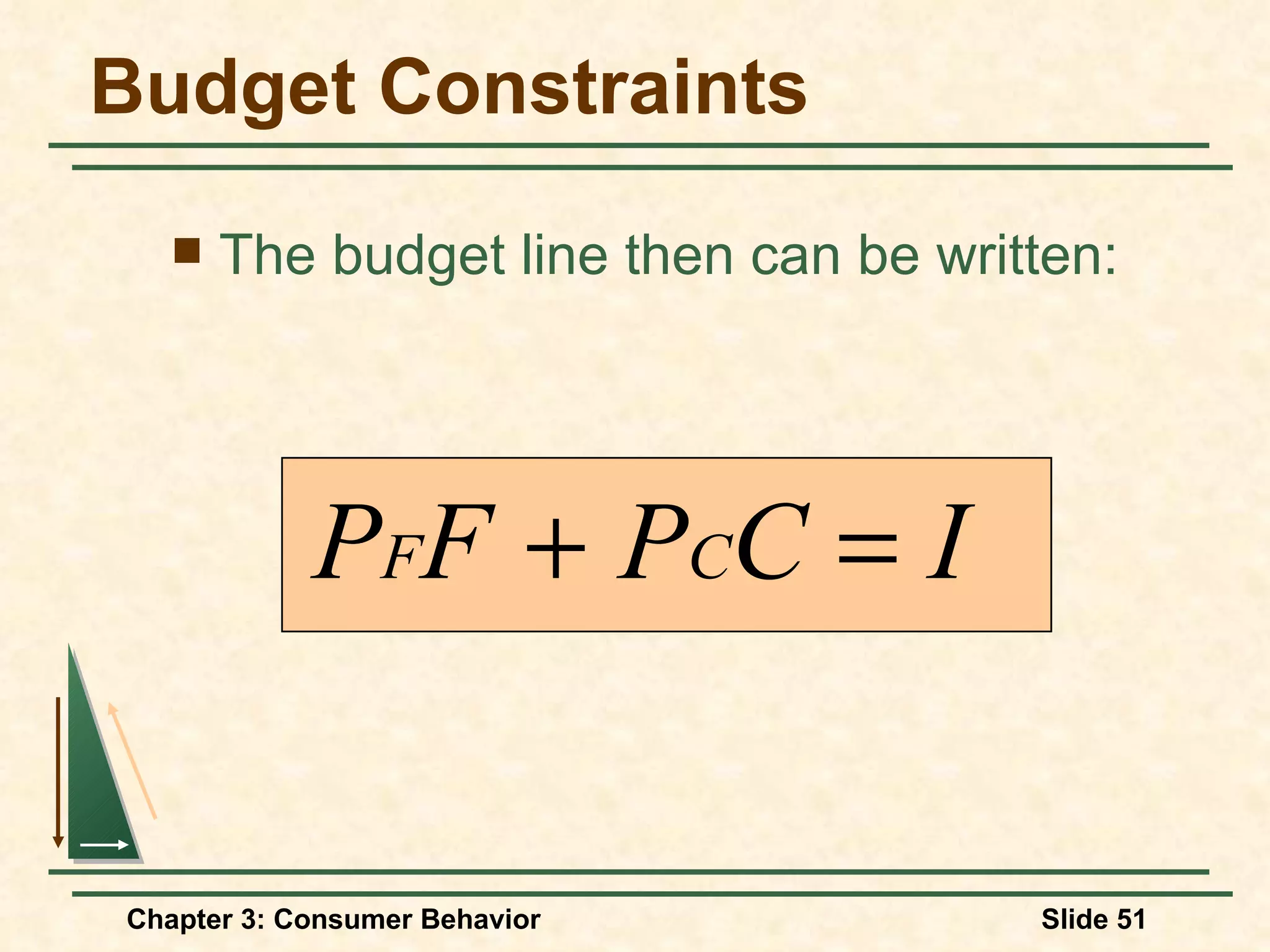 Budget Constraints The budget line then can be written: