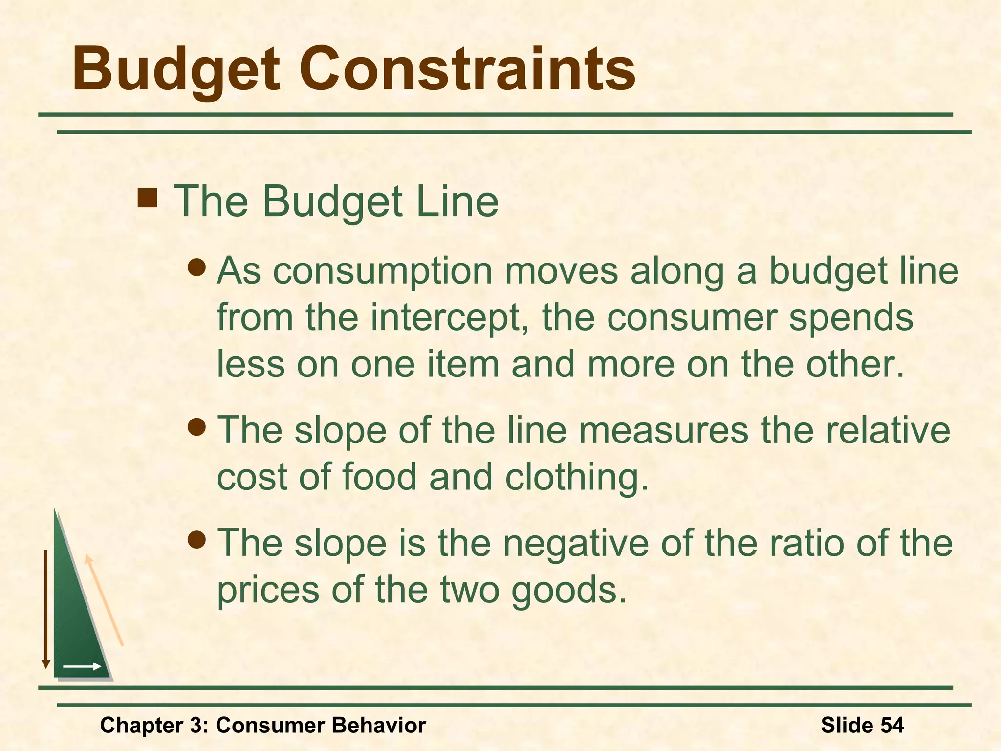Budget Constraints The Budget Line As consumption moves along a budget line from the intercept, the consumer spends less on one item and more on the other. The slope of the line measures the relative cost of food and clothing. The slope is the negative of the ratio of the prices of the two goods.