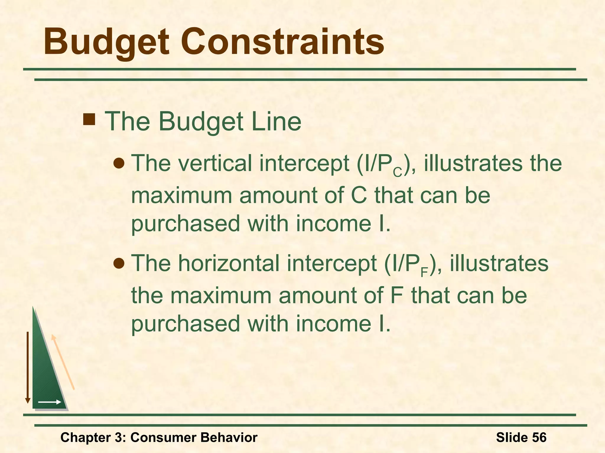 Budget Constraints The Budget Line The vertical intercept (I/P C ), illustrates the maximum amount of C that can be purchased with income I. The horizontal intercept (I/P F ), illustrates the maximum amount of F that can be purchased with income I.