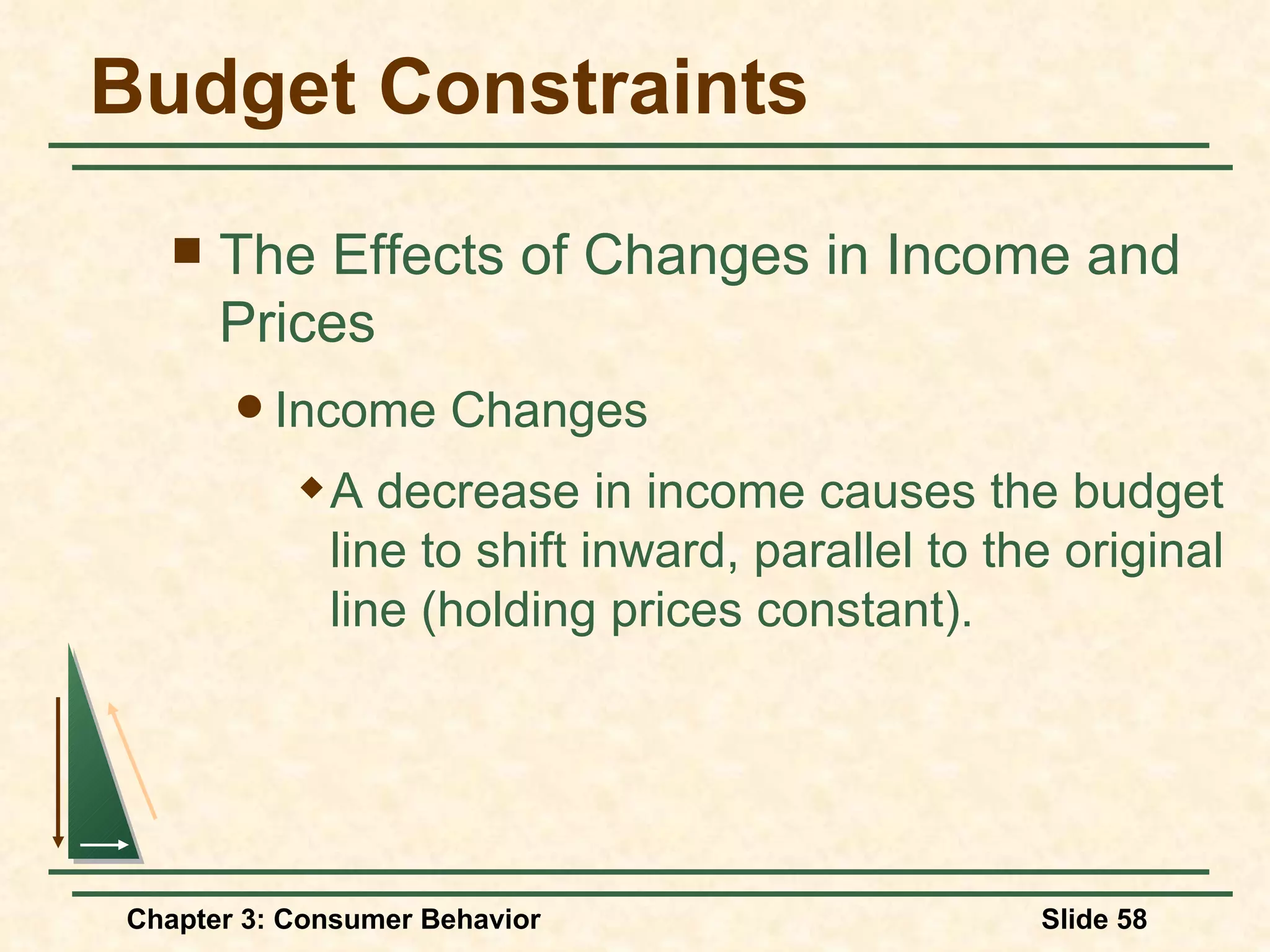 Budget Constraints The Effects of Changes in Income and Prices Income Changes A decrease in income causes the budget line to shift inward, parallel to the original line (holding prices constant).