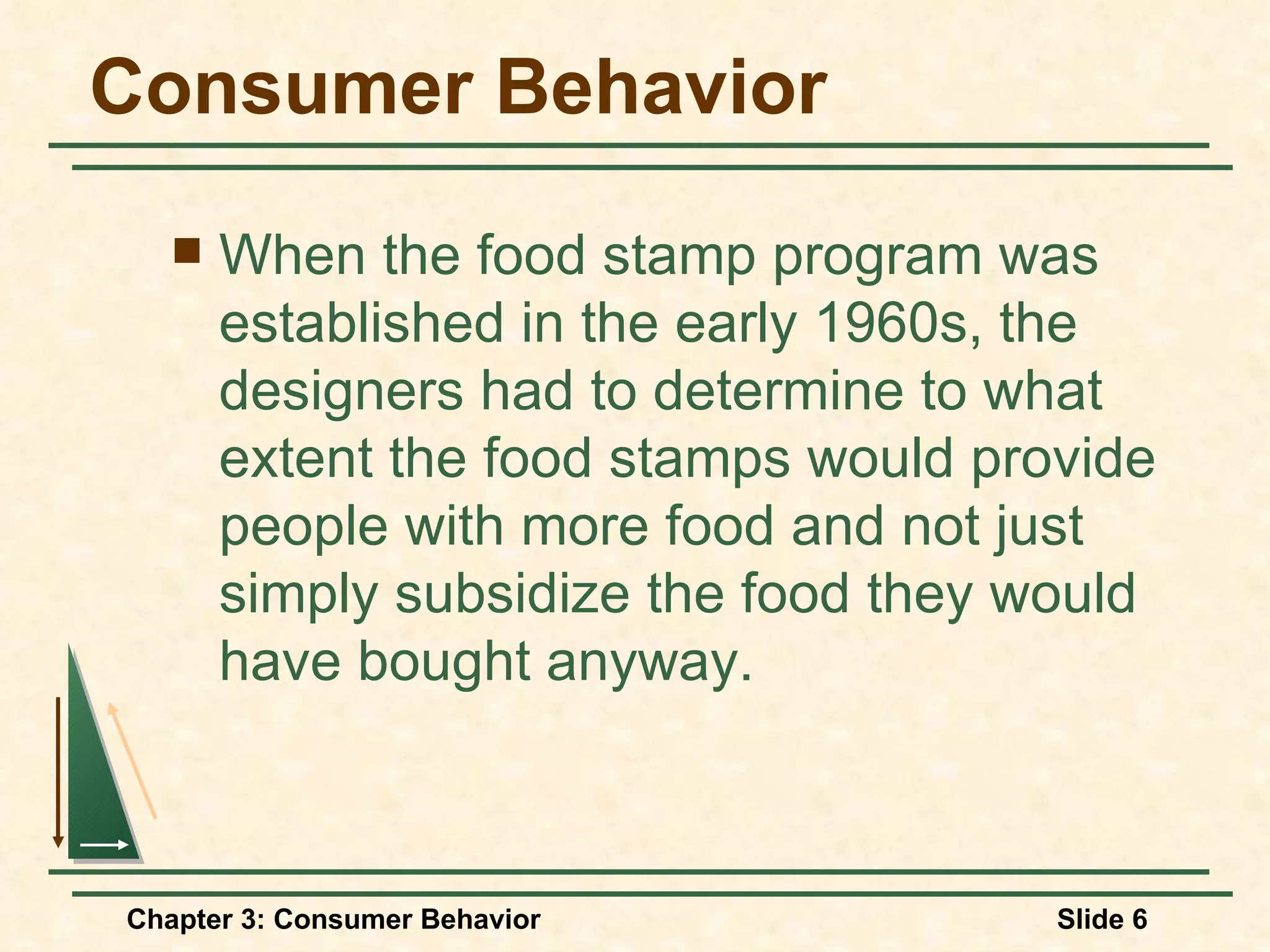 Consumer Behavior When the food stamp program was established in the early 1960s, the designers had to determine to what extent the food stamps would provide people with more food and not just simply subsidize the food they would have bought anyway.