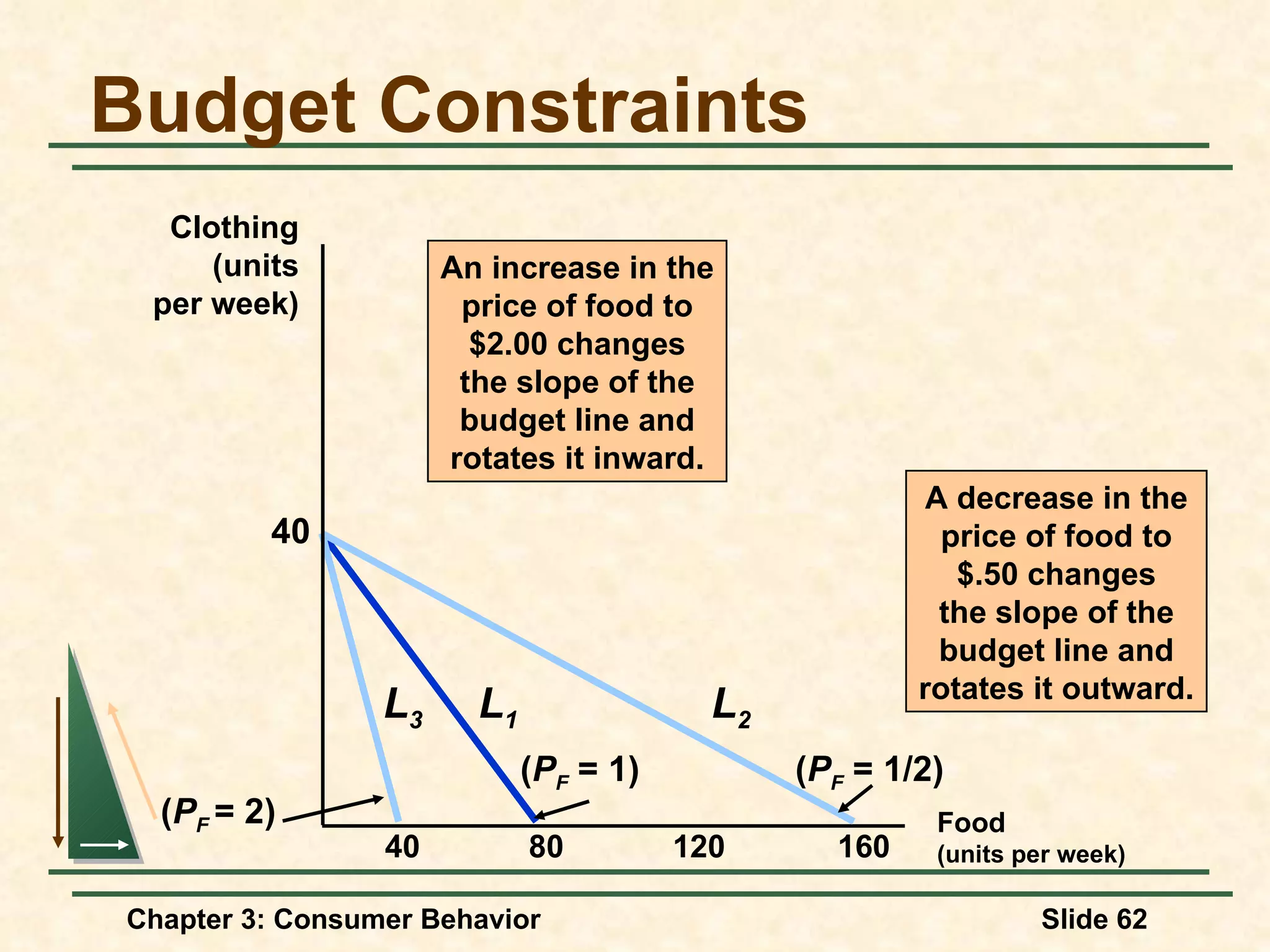 Budget Constraints Food (units per week) Clothing (units per week) 80 120 160 40 40 ( P F = 1) L 1 An increase in the price of food to $2.00 changes the slope of the budget line and rotates it inward. L 3 ( P F = 2) ( P F = 1/2) L 2 A decrease in the price of food to $.50 changes the slope of the budget line and rotates it outward.