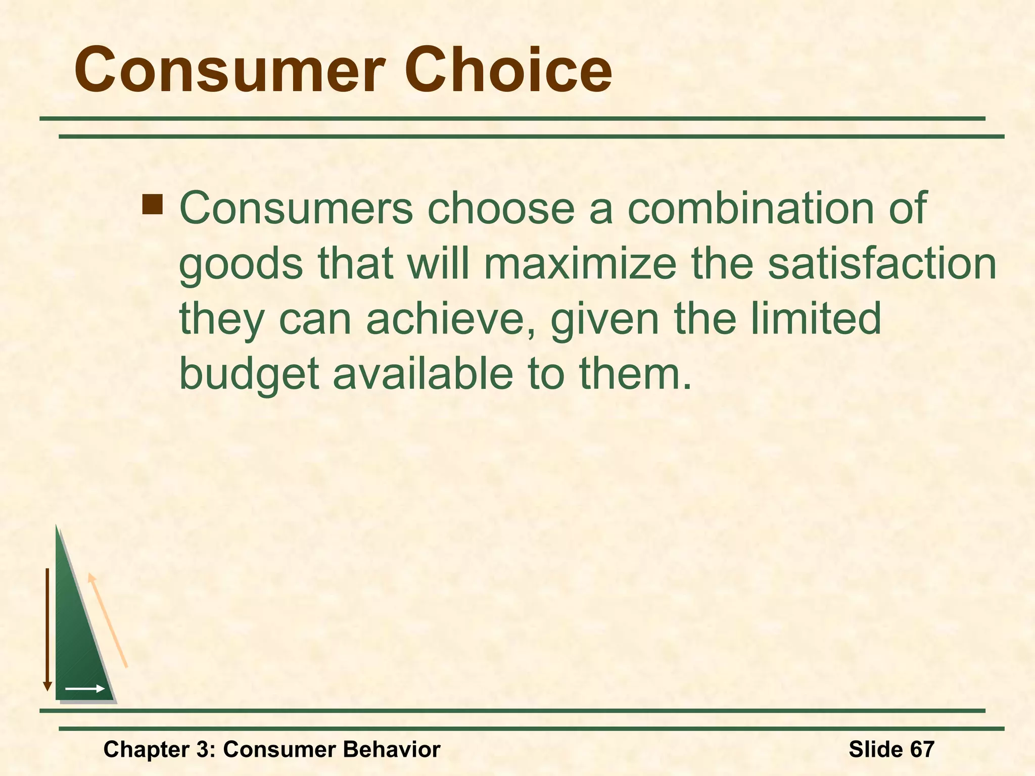Consumer Choice Consumers choose a combination of goods that will maximize the satisfaction they can achieve, given the limited budget available to them.
