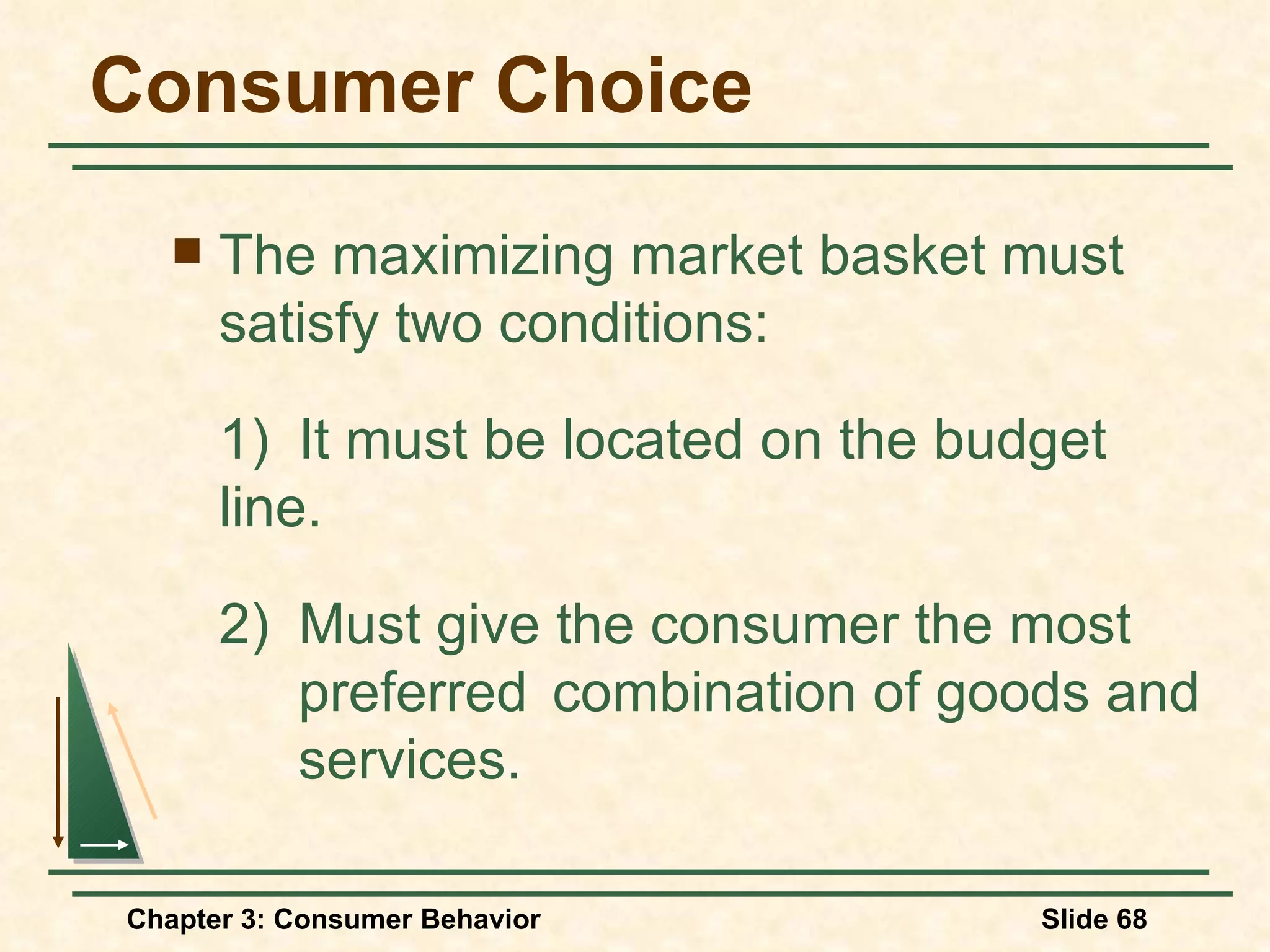 Consumer Choice The maximizing market basket must satisfy two conditions: 1) It must be located on the budget line. 2) Must give the consumer the most preferred combination of goods and services.