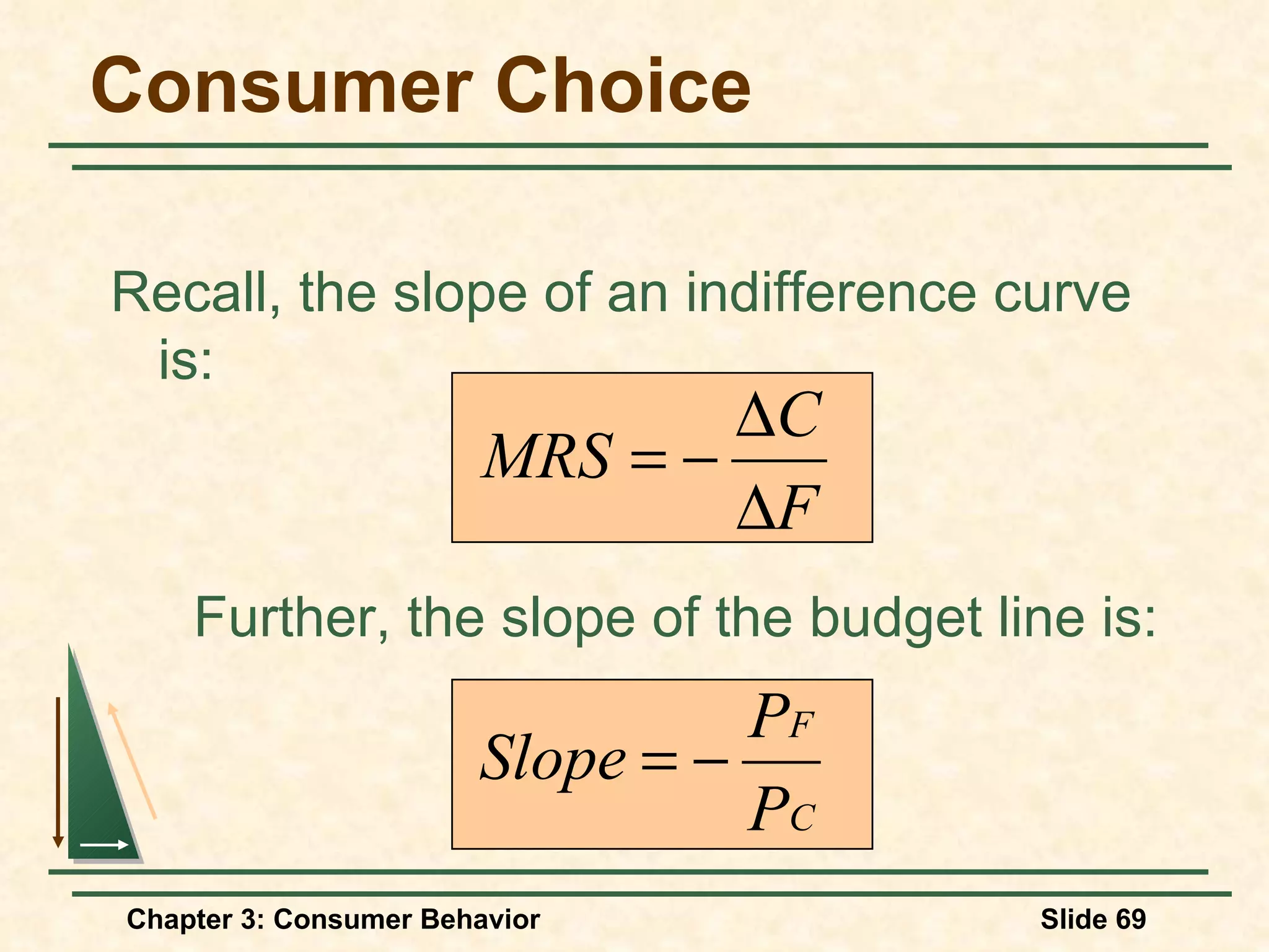 Recall, the slope of an indifference curve is: Consumer Choice Further, the slope of the budget line is: