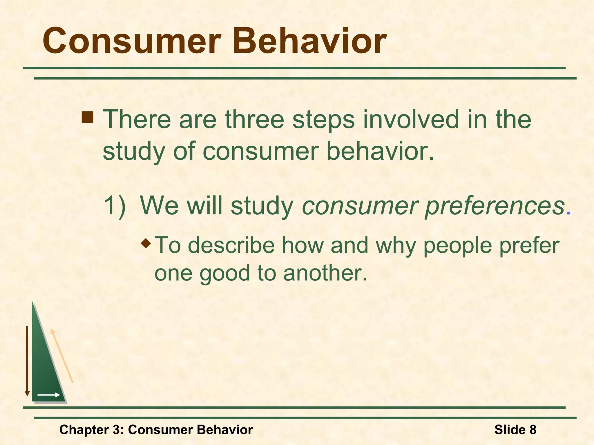 Consumer Behavior There are three steps involved in the study of consumer behavior. 1) We will study consumer preferences . To describe how and why people prefer one good to another.