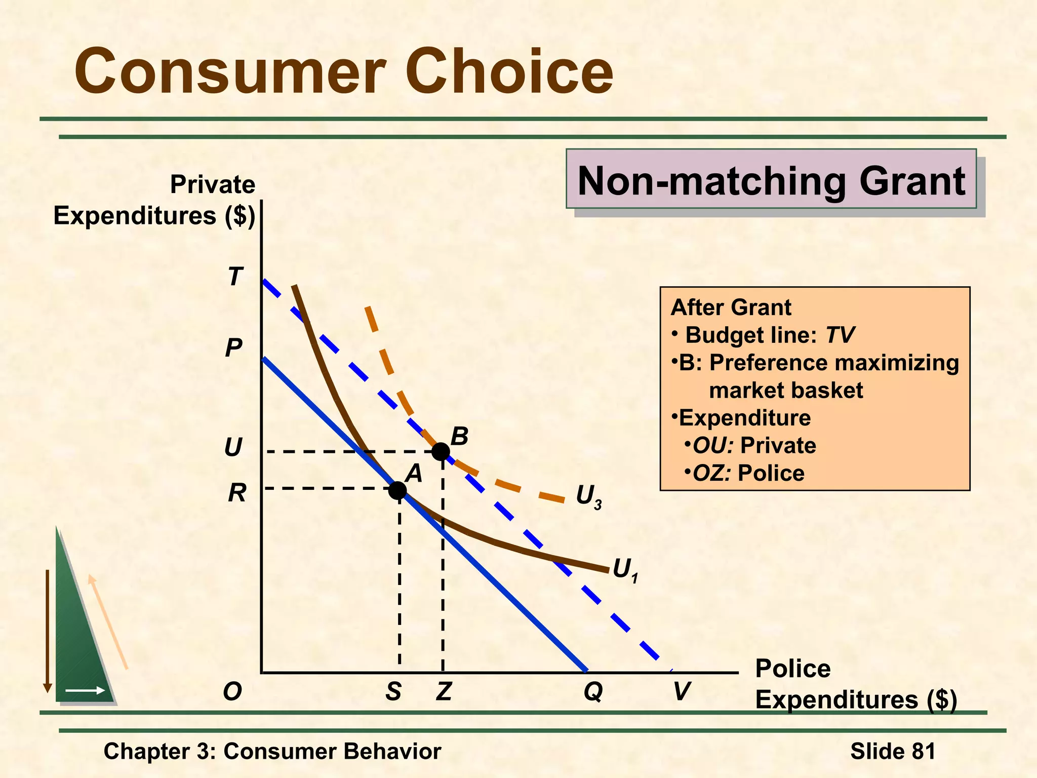 Consumer Choice R Non-matching Grant P Police Expenditures ($) Private Expenditures ($) O S Q A V T U 3 U 1 After Grant Budget line: TV B: Preference maximizing market basket Expenditure OU: Private OZ: Police B U Z