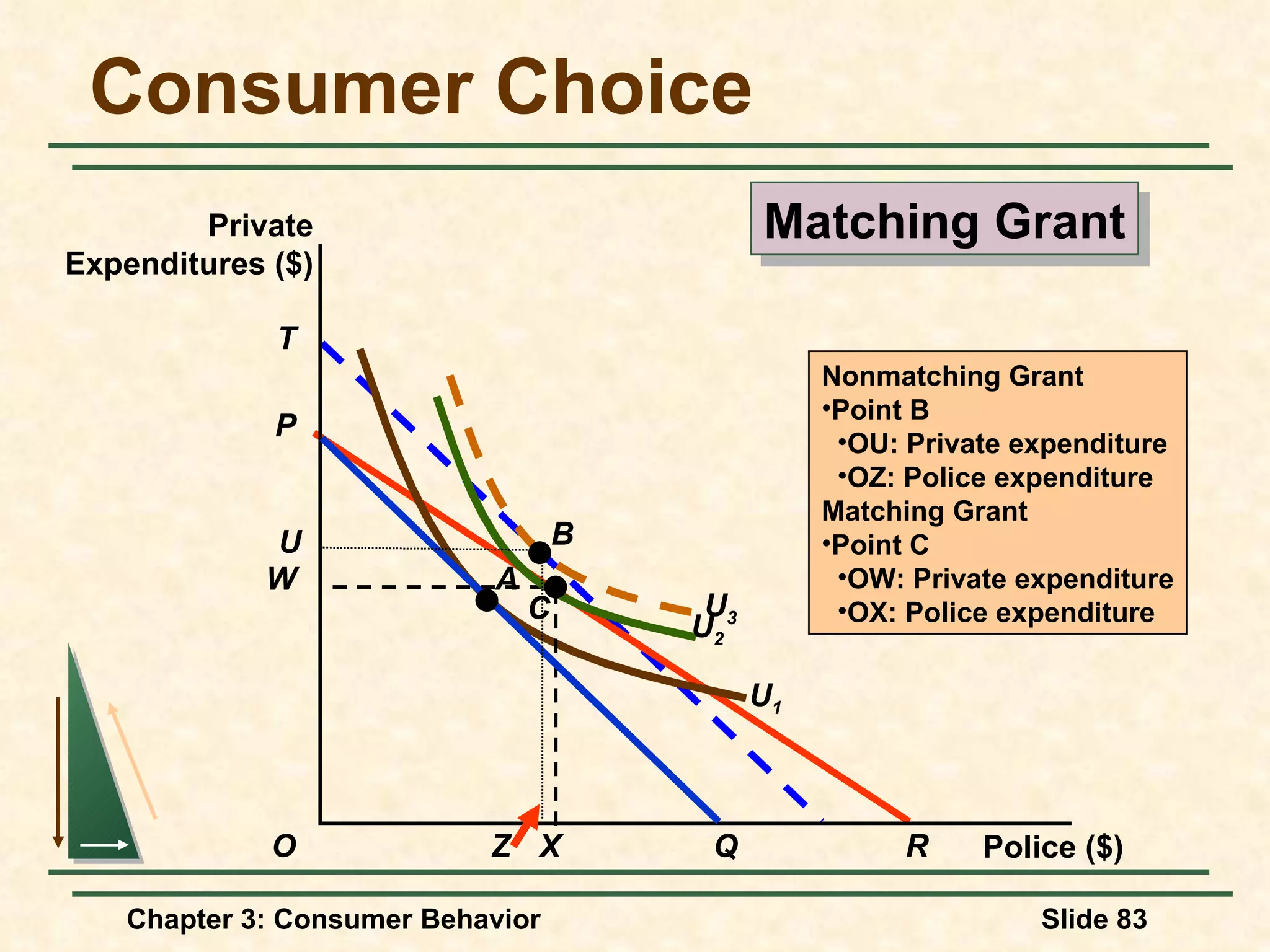 Consumer Choice T Nonmatching Grant Point B OU: Private expenditure OZ: Police expenditure Matching Grant Point C OW: Private expenditure OX: Police expenditure W X Matching Grant P Police ($) Private Expenditures ($) O Q A U 2 C R U 3 U 1 B U Z