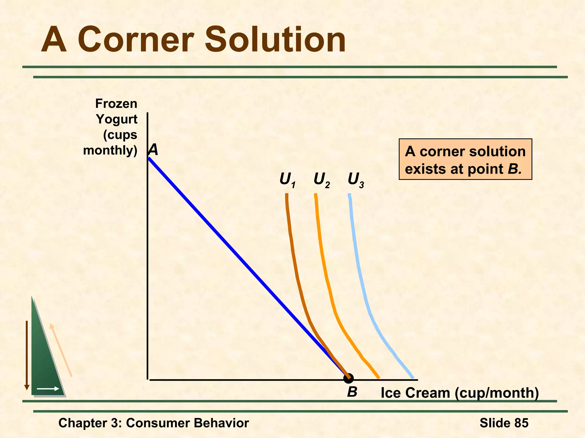 A Corner Solution Ice Cream (cup/month) Frozen Yogurt (cups monthly) B A U 2 U 3 U 1 A corner solution exists at point B.