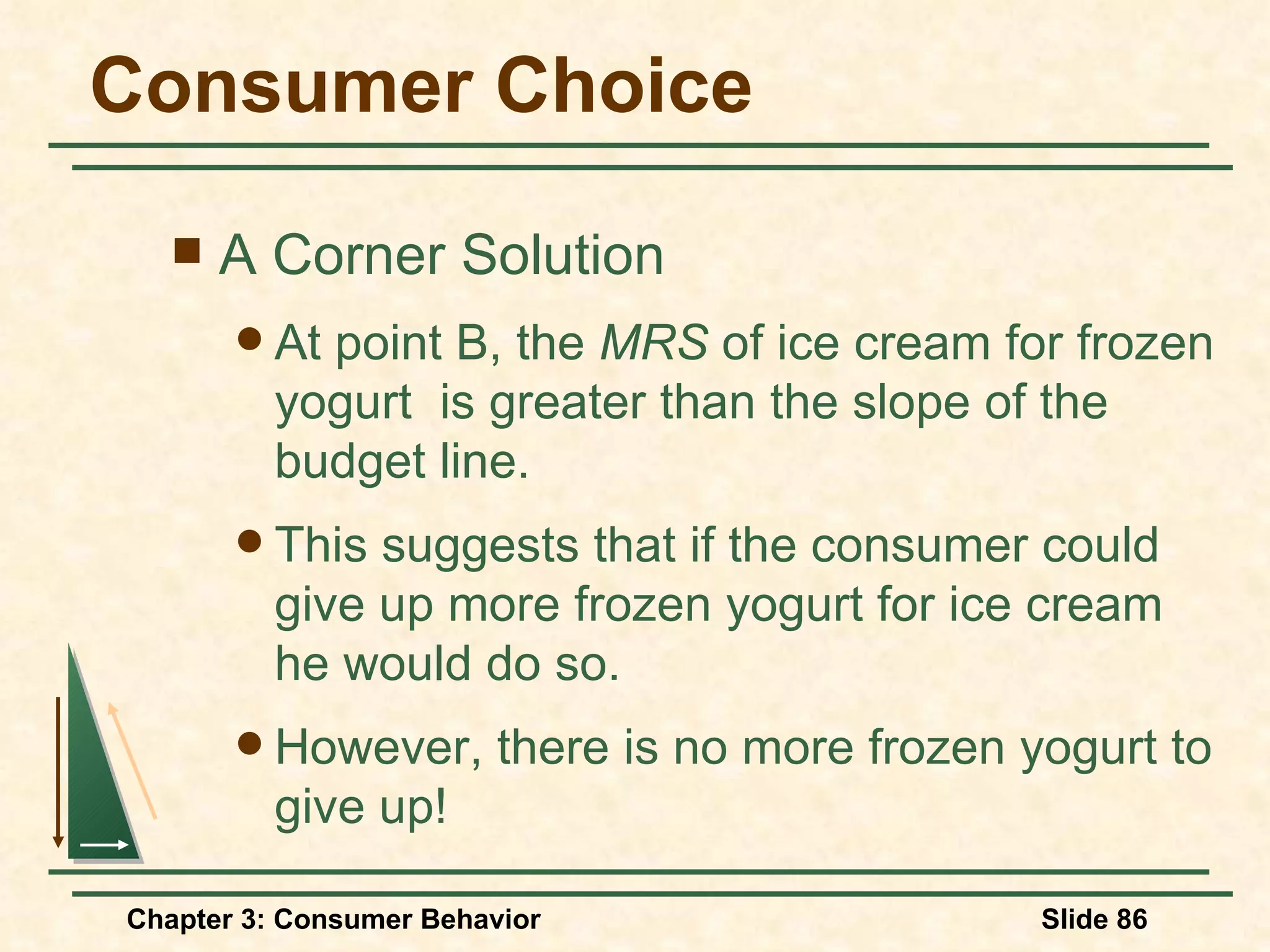 Consumer Choice A Corner Solution At point B, the MRS of ice cream for frozen yogurt is greater than the slope of the budget line. This suggests that if the consumer could give up more frozen yogurt for ice cream he would do so. However, there is no more frozen yogurt to give up!