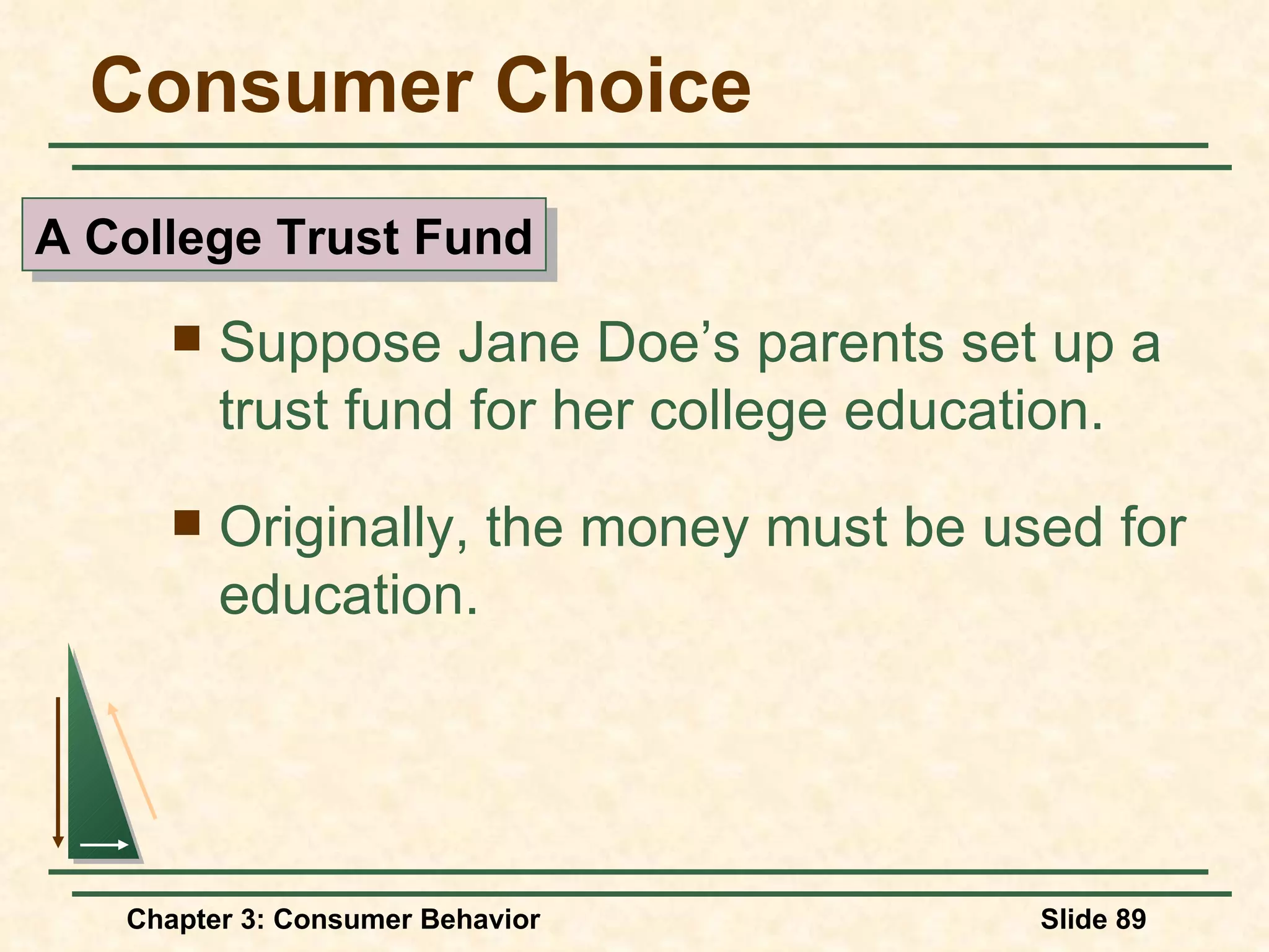 Consumer Choice Suppose Jane Doe’s parents set up a trust fund for her college education. Originally, the money must be used for education. A College Trust Fund