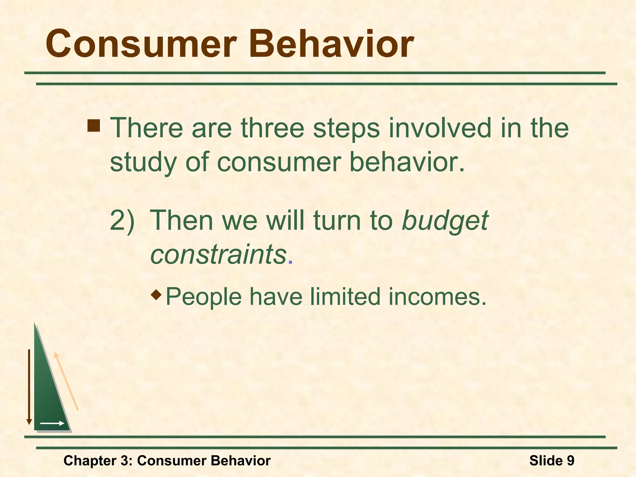 Consumer Behavior There are three steps involved in the study of consumer behavior. 2) Then we will turn to budget constraints . People have limited incomes.