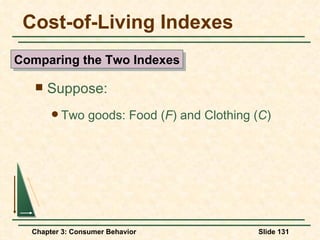Cost-of-Living Indexes Suppose: Two goods: Food ( F ) and Clothing ( C ) Comparing the Two Indexes 