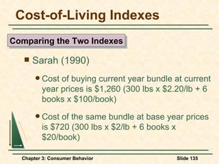 Cost-of-Living Indexes Sarah (1990) Cost of buying current year bundle at current year prices is $1,260 (300 lbs x $2.20/lb + 6 books x $100/book) Cost of the same bundle at base year prices is $720 (300 lbs x $2/lb + 6 books x $20/book) Comparing the Two Indexes 