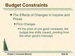 Budget Constraints The Effects of Changes in Income and Prices Price Changes If the price of one good increases, the budget line shifts inward, pivoting from the other good’s intercept. 