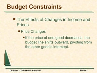 Budget Constraints The Effects of Changes in Income and Prices Price Changes If the price of one good decreases, the budget line shifts outward, pivoting from the other good’s intercept. 