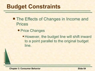 Budget Constraints The Effects of Changes in Income and Prices Price Changes However, the budget line will shift inward to a point parallel to the original budget line. 