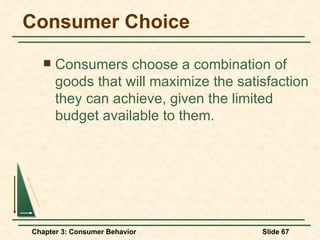 Consumer Choice Consumers choose a combination of goods that will maximize the satisfaction they can achieve, given the limited budget available to them. 