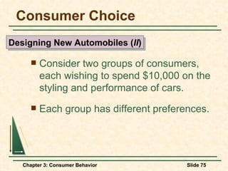 Consumer Choice Consider two groups of consumers, each wishing to spend $10,000 on the styling and performance of cars. Each group has different preferences. Designing New Automobiles ( II ) 