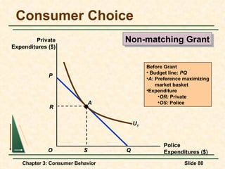 Consumer Choice Non-matching Grant Police Expenditures ($) Private Expenditures ($) O P Q U 1 A Before Grant Budget line:  PQ A : Preference maximizing market basket  Expenditure OR:  Private OS:  Police R S 