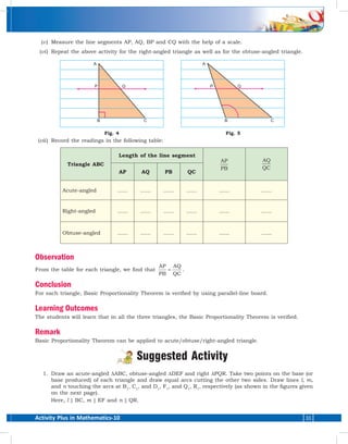 Activity Plus in Mathematics-10 33
	(v )	 Measure the line segments AP, AQ, BP and CQ with the help of a scale.
	(vi )	 Repeat the above activity for the right-angled triangle as well as for the obtuse-angled triangle.
	 	
	 Fig. 4	 Fig. 5
	(vii )	 Record the readings in the following table:
Triangle ABC
Length of the line segment
AP
PB
AQ
QC
AP AQ PB QC
Acute-angled ...... ...... ...... ...... ...... ......
Right-angled ...... ...... ...... ...... ...... ......
Obtuse-angled ...... ...... ...... ...... ...... ......
Observation
From the table for each triangle, we find that
AP
PB
AQ
QC
= .
Conclusion
For each triangle, Basic Proportionality Theorem is verified by using parallel-line board.
Learning Outcomes
The students will learn that in all the three triangles, the Basic Proportionality Theorem is verified.
Remark
Basic Proportionality Theorem can be applied to acute/obtuse/right-angled triangle.
Suggested Activity
	 1.	 Draw an acute-angled DABC, obtuse-angled DDEF and right DPQR. Take two points on the base (or
base produced) of each triangle and draw equal arcs cutting the other two sides. Draw lines l, m,
and n touching the arcs at B1
, C1
, and D1
, F1
, and Q1
, R1
, respectively (as shown in the figures given
on the next page).
		Here, l || BC, m || EF and n || QR.
 