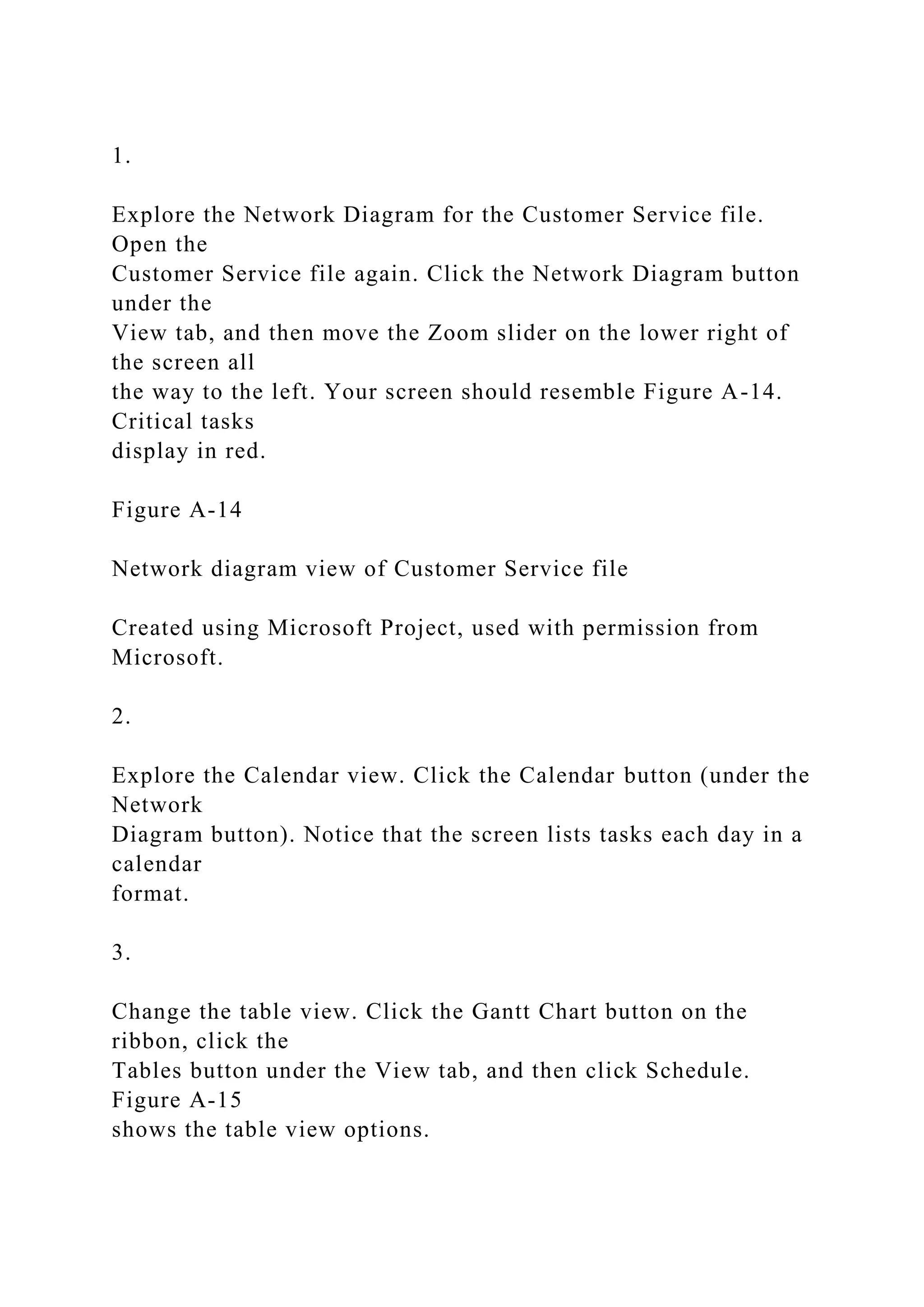 1.
Explore the Network Diagram for the Customer Service file.
Open the
Customer Service file again. Click the Network Diagram button
under the
View tab, and then move the Zoom slider on the lower right of
the screen all
the way to the left. Your screen should resemble Figure A-14.
Critical tasks
display in red.
Figure A-14
Network diagram view of Customer Service file
Created using Microsoft Project, used with permission from
Microsoft.
2.
Explore the Calendar view. Click the Calendar button (under the
Network
Diagram button). Notice that the screen lists tasks each day in a
calendar
format.
3.
Change the table view. Click the Gantt Chart button on the
ribbon, click the
Tables button under the View tab, and then click Schedule.
Figure A-15
shows the table view options.
 