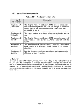 Page -20
4.3.2 Non-functional requirements
Table 4.3 Non-functional requirements
List of
Requirement
Description
Requirement 1:
Consistency
The Hospital Management System (HMS) provide consistency
user interface design to the end-user. The designs of the screen
are standardize and consistent that make the end-user feel
comfortable to use it
Requirement 2:
Availability
The system provide the end-user to login the system 24 hours a
day.
Requirement 3:
Security
The Hospital Management System (HMS) provide the password
security access control to avoid unauthorized user to login to the
system.
Requirement 4:
Reliability
The HMS provide the effective method to maintain the back-end
of the system. All of the subject list are manage by this system
effectively.
Requirement 5:
Usability
Learning time and experience needed such as hours or number
of lessons to learn the system
4.4 Summary
To ensure a successful outcome, the developer must satisfy all the needs and wants of
the user when the development is complete. To achieve this, developer need should not
only be studied by techniques such as interview or make analysis, but they should also be
reflected back to user in order to create the prototype based on the user requirements.
The requirement will be clearer as the system develops and more formal user evaluation
takes place.
 