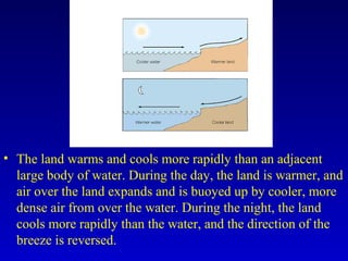 • The land warms and cools more rapidly than an adjacent
large body of water. During the day, the land is warmer, and
air over the land expands and is buoyed up by cooler, more
dense air from over the water. During the night, the land
cools more rapidly than the water, and the direction of the
breeze is reversed.
 