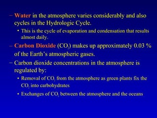 – Water in the atmosphere varies considerably and also
cycles in the Hydrologic Cycle.
• This is the cycle of evaporation and condensation that results
almost daily.
– Carbon Dioxide (CO2) makes up approximately 0.03 %
of the Earth’s atmospheric gases.
– Carbon dioxide concentrations in the atmosphere is
regulated by:
• Removal of CO2 from the atmosphere as green plants fix the
CO2 into carbohydrates
• Exchanges of CO2 between the atmosphere and the oceans
 
